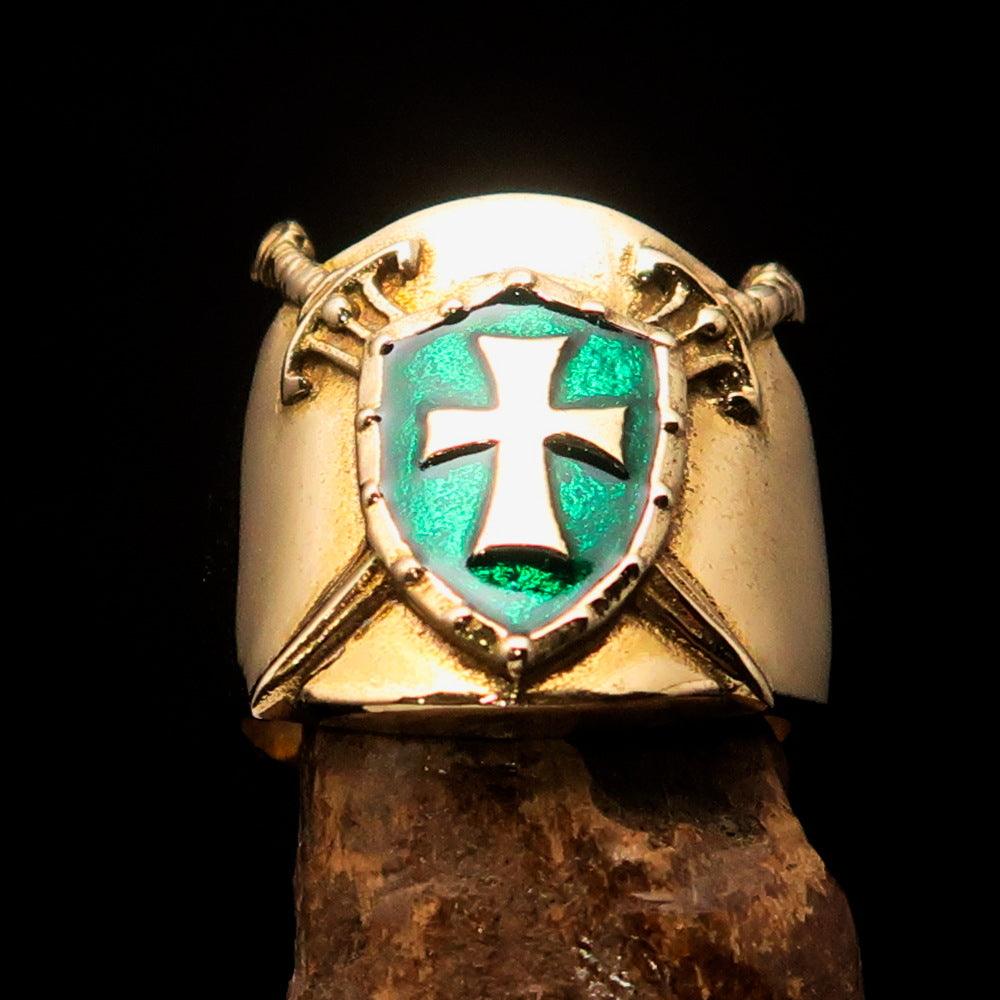 Crossed Swords Men's Knights Templar green Cross Ring made of solid brass with high polished finish and enamel detailing.